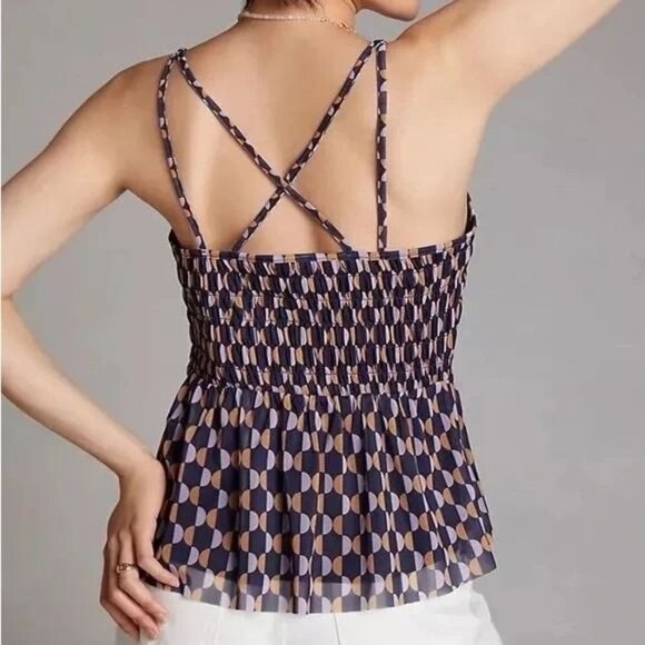 Anthropologie V-Neck Tank Top Geometric Navy Blue Sleeveless Blouse Small NWT - Picture 2 of 8